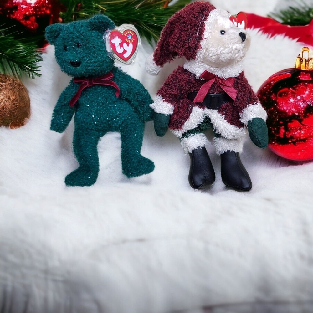 Ty Beanie Babies 2001 HOLIDAY TEDDY Green & 2000 Christmas Red Santa 8" Plush